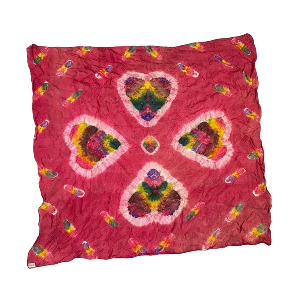 Vintage Tie Dye Scarf Large Colorful Art to Wear 1990s Rayon Hearts Deep Pink - Picture 1 of 4